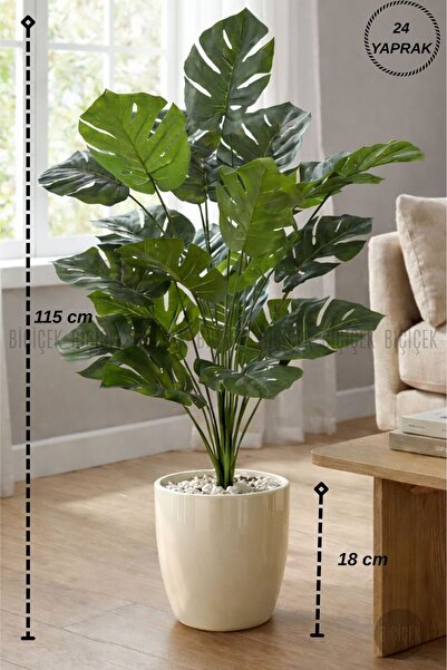 BİÇİÇEK Yapay Çiçek Salon Bitkisi Monstera Deve Tabanı Kırıkbeyaz Renk Yalı S...