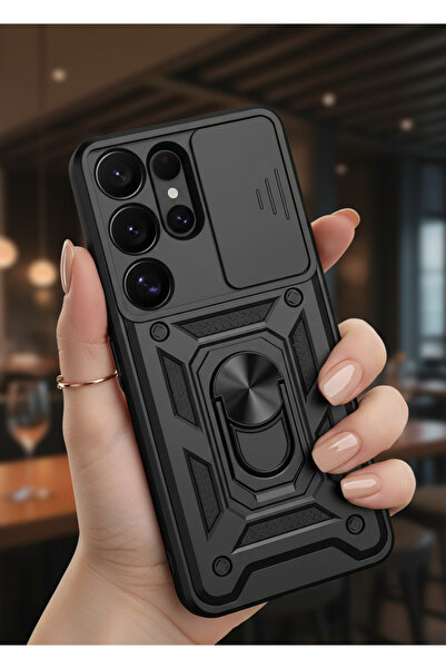 Hatreds Samsung Galaxy S25 Ultra Kılıf Sürgülü Lens Korumalı Yüzüklü Stand Ol...