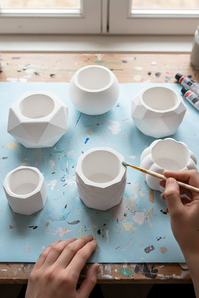 adresiburasi 6'lı Beton Saksı Boyanabilir Hobi Seti Beyaz