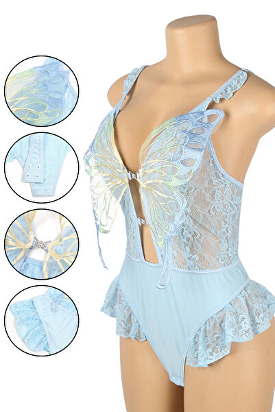 Lingerie and Fashion Style بدلة جسم شفافة من الدانتيل مزينة بفراشات ثلاثية ال...