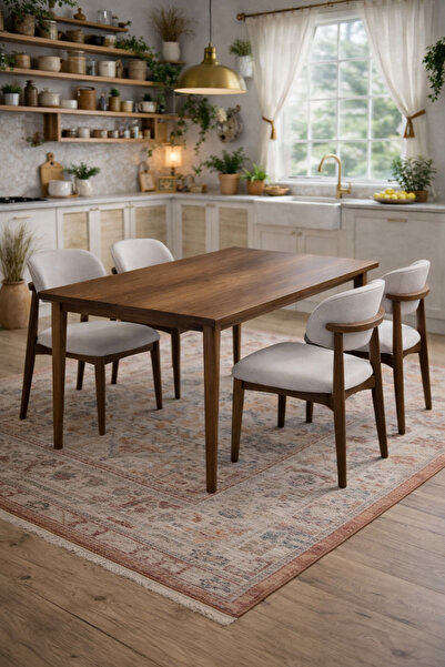 Lif Mobilya 4 Kişilik Polo Sandalye Yemek Takımı MDF Masa Koyu Ceviz Renk