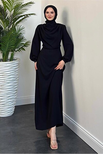 TRENDTESETTÜR KADIN SİYAH DEGAJE YAKA ABİYE ELBİSE T 5895-1