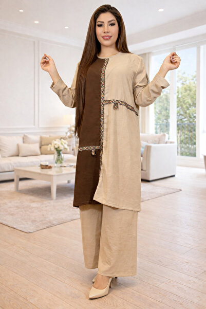 Yeşilmoda Suit Tunic Pants Women Three-Color Color-Blocked Ethnic Pattern Ove...