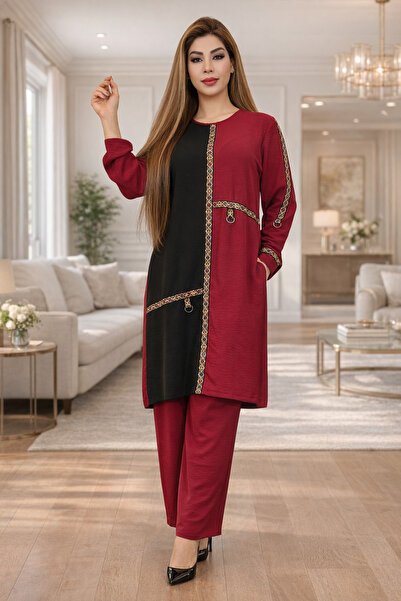 Yeşilmoda Suit Tunic Pants Women Three-Color Color-Blocked Ethnic Pattern Ove...