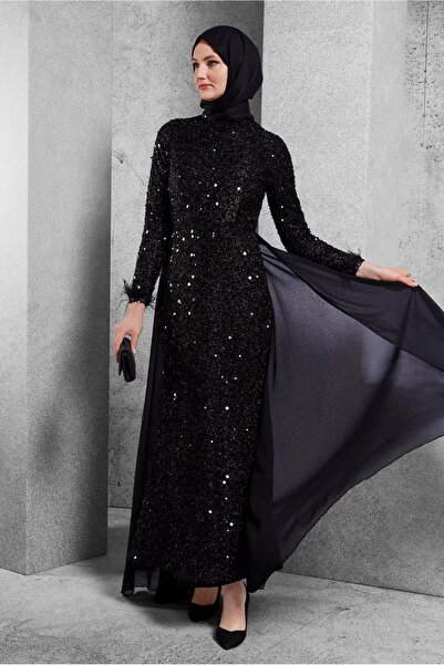 TRENDTESETTÜR KADIN SİYAH PUL PAYETLİ ABİYE ELBİSE T 5254