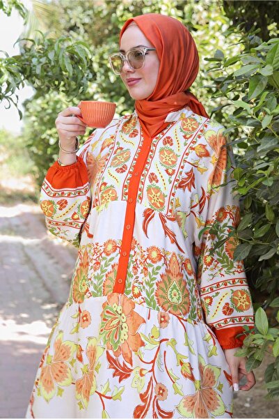 TRENDTESETTÜR KADIN TURUNCU (ORANJ) ETNİK DESENLİ DÜĞMELİ ELBİSE T 9433