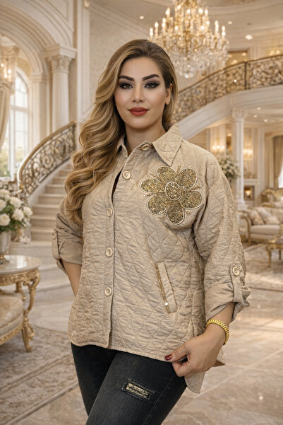 Yeşilmoda Quilted Jacket Plus Size Stone Embroidered, Button Front, High Back...