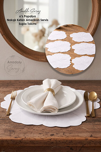 Anadolu Saray 6’lı Papatya Nakışlı Keten Amerikan Servis ve Supla Takımı – Do...