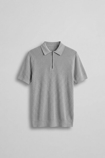 ablukaonline Men's Half Zip Polo Neck Knitwear T-Shirt Gray