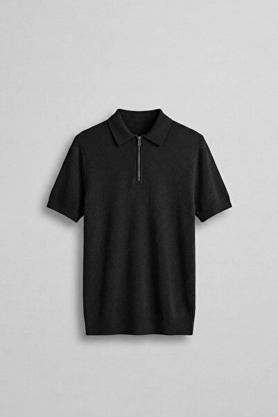 ablukaonline Men's Half Zip Polo Neck Knitwear T-Shirt Black