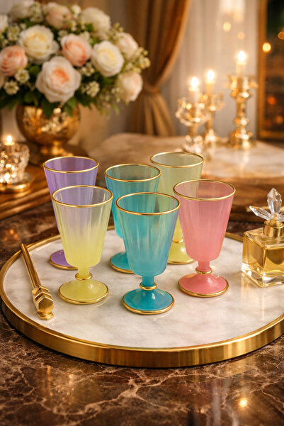 YzHome 6 Lı Flüt Renkli Yaldızlı Kahve Yanı Su Bardağı Kadeh Kupa Bardak