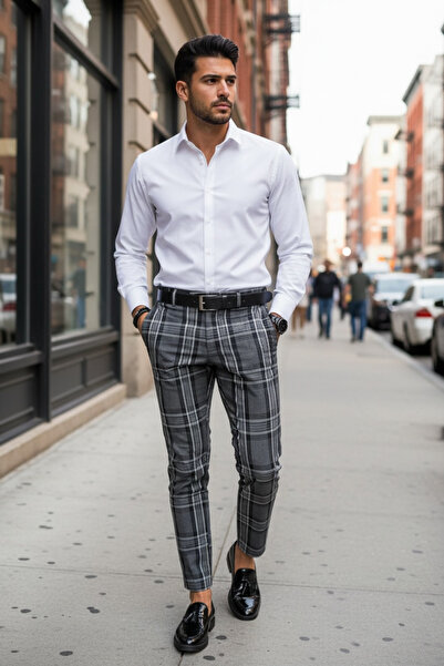 dehaine Men's casual pants, plaid, Slim Fit, Gray, B1877