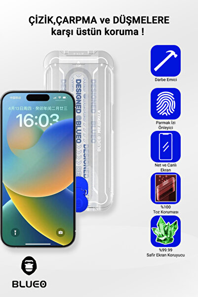 BLUEO واقي شاشة زجاجي لهاتف آيفون 15 برو من زجاج الياقوت مع جهاز تطبيق مضاد ل...