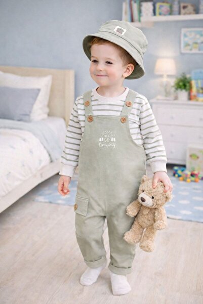 Babexi Safari Şapkalı Nakışlı Şeritli Sweatshirt Salopet Erkek Bebek TakımI