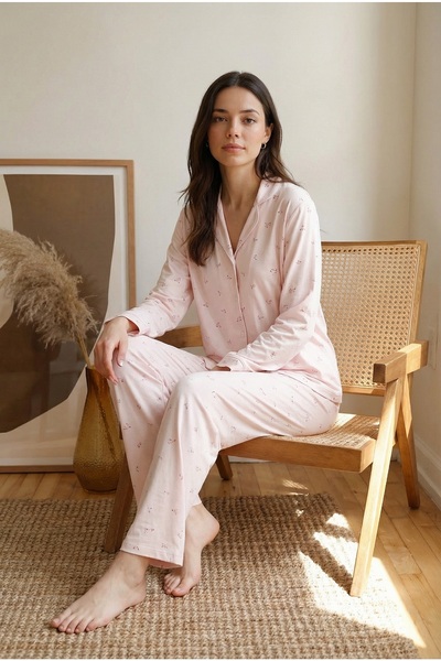 Espuar Women's Floral Patterned Long Sleeve Bottom Top Pajama Set 776