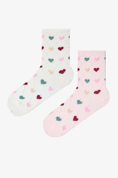 Penti Pink - White Heart Grid 2-Piece Socks