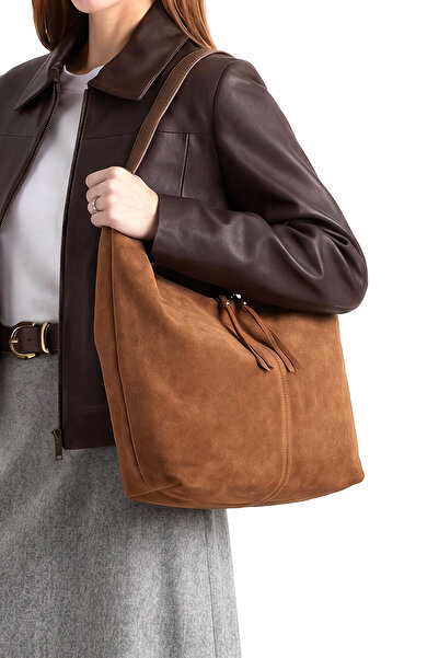 Marjin Kadın Hakiki Deri Shopper Fermuarlı Omuz Çantası Avelin Taba Süet