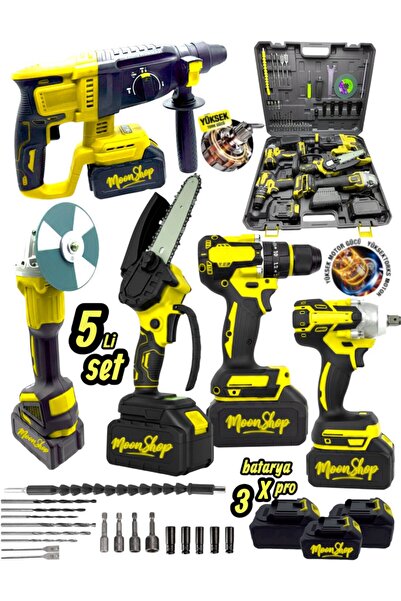MOONSHOP Profesyonel Şarjlı Darbeli 5'li Set 2-26 Hilti 125mm Taşlama 13mm Ma...