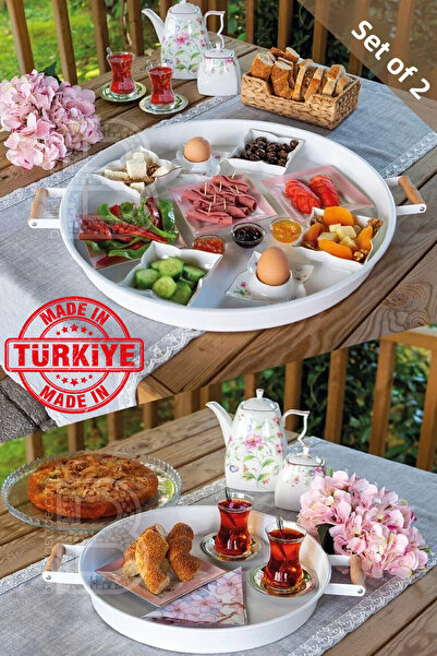 kitchen trend قطعتان من صينية معدنية بمقبض خشبي 51 سم وصينية شاي وقهوة بيضاء ...