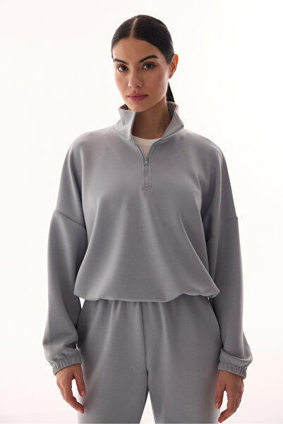 Penti Γκρι Silky Touch ψηλός λαιμός Crop φούτερ με φερμουάρ