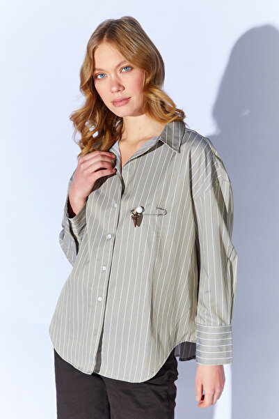 EDITION Olive Broş Detaylı Çizgili Gömlek | Ek1007430-7430