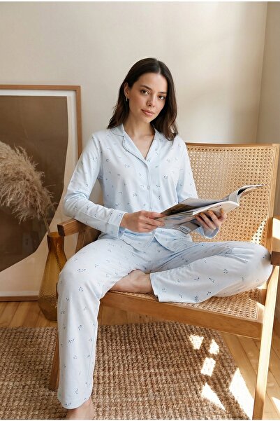 Espuar Women's Floral Patterned Long Sleeve Bottom Top Pajama Set 776