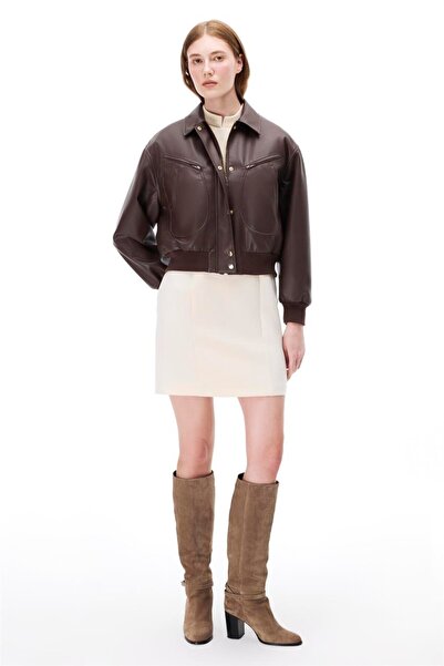 Perspective Brown Regular Fit Fake Sleeve Women's Coat