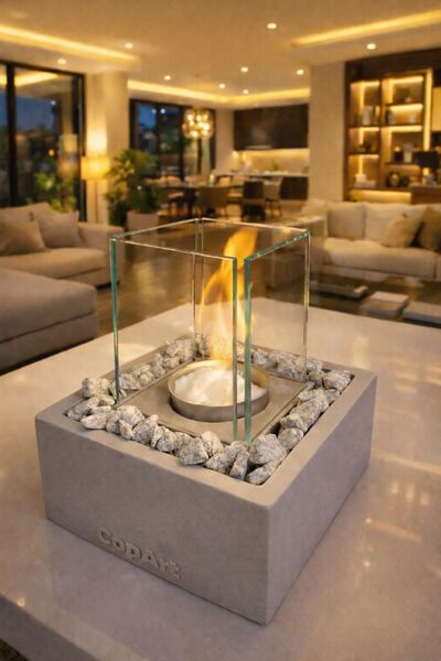 CopArt Quadrata Naturel Masaüstü Beton Şömine - 1 Lt Bioetanol Yakıt ve Dekor...