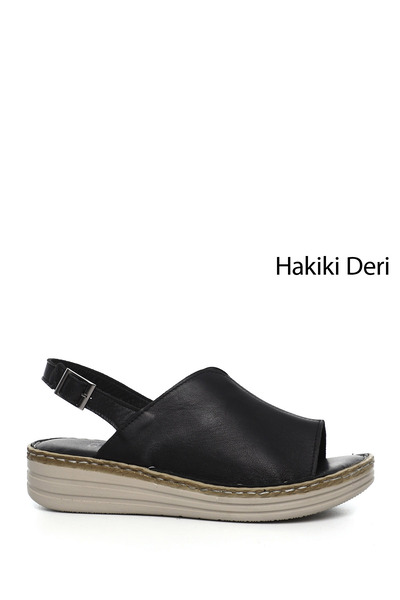GÖNDERİ(R) Kadın Siyah Dolgu Topuk Hakiki Deri Comfort Sandalet