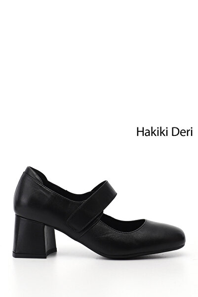 GÖNDERİ(R) Women's Black Thick Heeled Mary Jane Genuine Leather Shoes