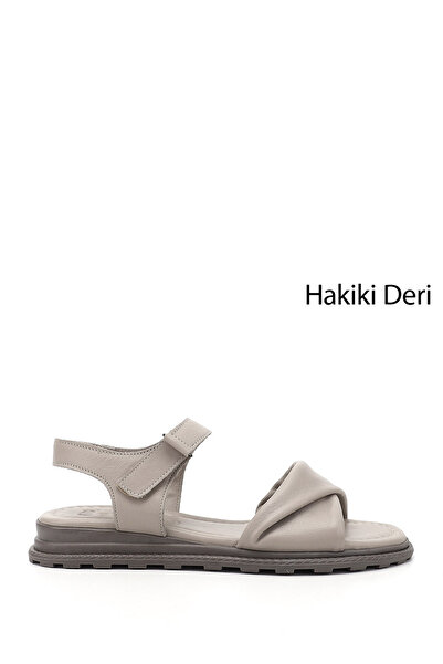 GÖNDERİ(R) Women's Silver Velcro Strap Genuine Leather Sandals