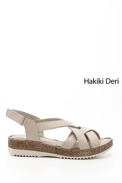 GÖNDERİ(R) Dámské béžové sandály z pravé kůže na klínovém podpatku se suchým ...