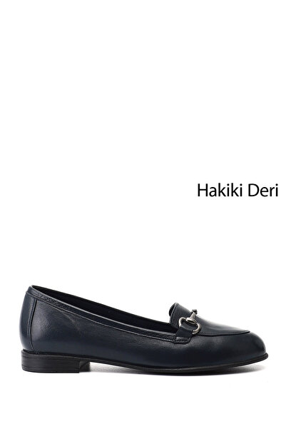 GÖNDERİ(R) Women's Navy Blue Genuine Leather Buckle Ballerinas