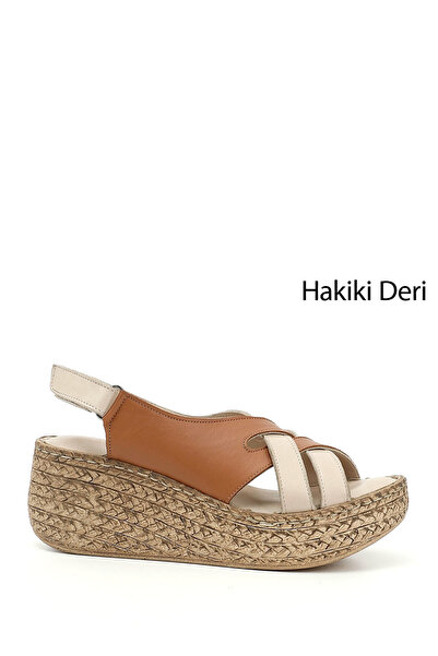 GÖNDERİ(R) Women's Beige Tan Velcro Strap Wedge Heel Genuine Leather Sandals