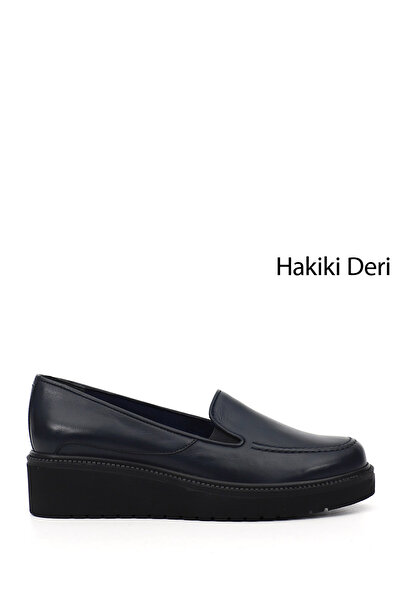 GÖNDERİ(R) Women's Navy Blue Wedge Sole Genuine Leather Shoes