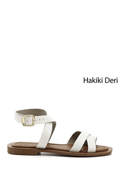 GÖNDERİ(R) Women's White Flip-Flop Ankle-Strap Genuine Leather Sandals
