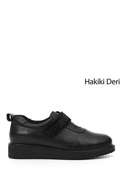 GÖNDERİ(R) Women's Black Wedge Sole Stone Detailed Genuine Leather Shoes