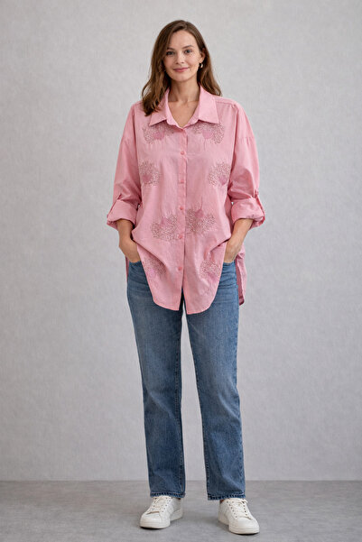 AYHAN قميص قطني بأكمام قابلة للطي ومطرز بالخرز