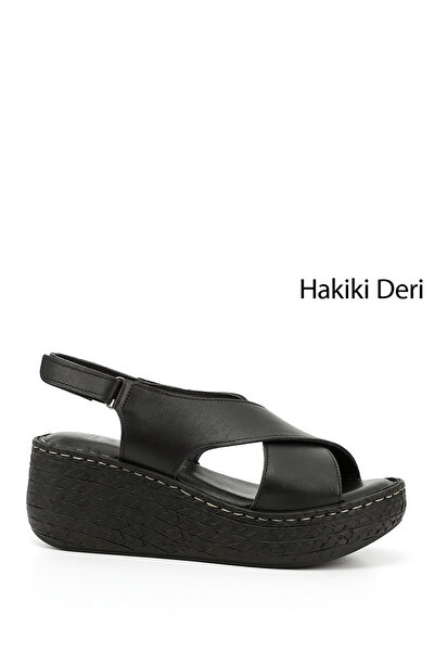GÖNDERİ(R) Women's Black Velcro Strap Wedge Sole Genuine Leather Sandals