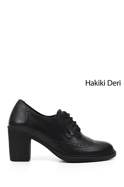 GÖNDERİ(R) Women's Black Lace-Up Thick Heeled Genuine Leather Shoes