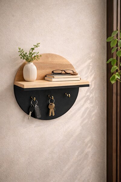 Trend Kitchen Formea Modern Gold Mini Kancalı Ahşap Çift Renk Duvar Rafı, Dek...