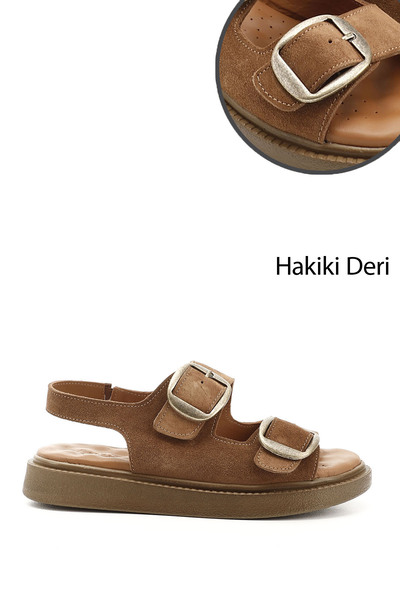 GÖNDERİ(R) Kadın Taba Süet Cırtlı Tokalı Dolgu Taban Hakiki Deri Comfort Sand...