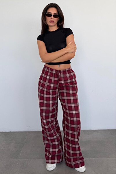 Madmext Bordo Lastikli Bel Geniş Paça Ekose Pantolon MG2658