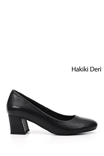 GÖNDERİ(R) Women's Black Thick Heeled Genuine Leather Shoes