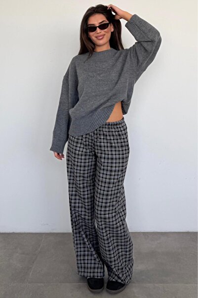Madmext Gray Elastic Waist Wide Leg Plaid Trousers Mg2658