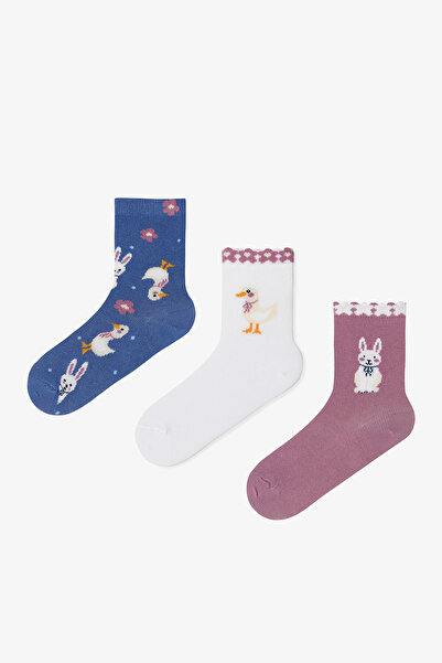 Penti Multicolored Girl's Rabbit Patterned 3-Piece Socks