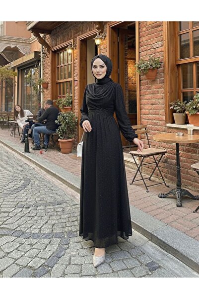 Tarzım Tuba Dagaje Detaylı Simli Tesettür Abiye Siyah Elbise