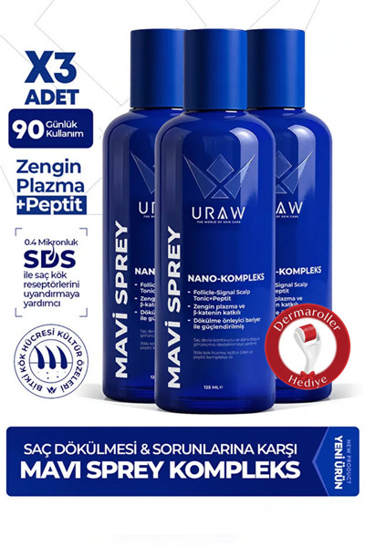Uraw Mavi Sprey 3'lü Set - Saç Kökü Aktivasyonunu Destekleyen Gelişmiş Kompleks