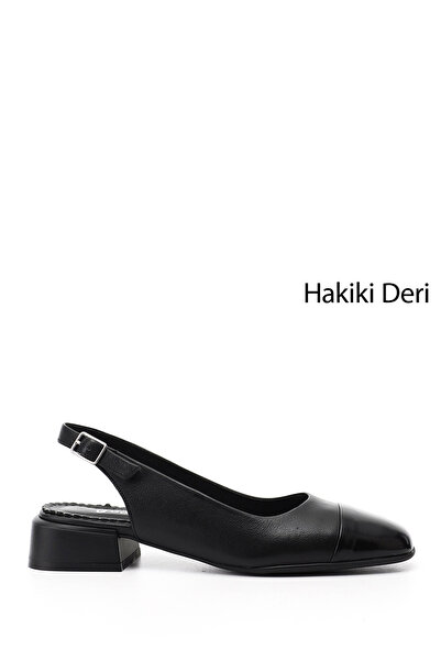 GÖNDERİ(R) حذاء نسائي أسود بكعب سميك مفتوح من الخلف مصنوع من الجلد الطبيعي