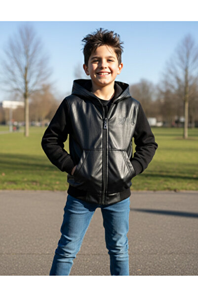 best kids Leather Front, Combed Cotton Back, Hooded Sweat Cardigan